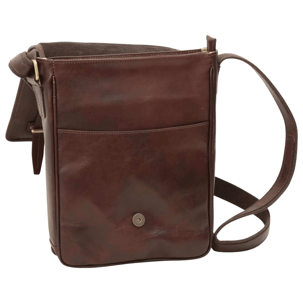 Borsa messenger marrone scuro in pelle con patta e bottone magnetico