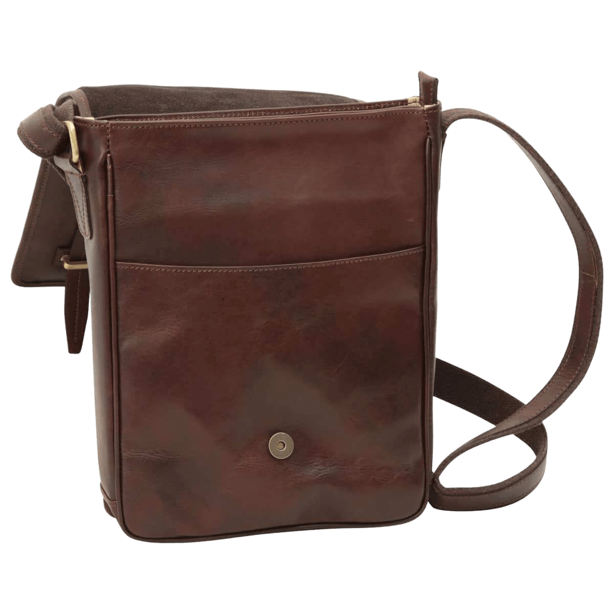 Borsa messenger marrone scuro in pelle con patta e bottone magnetico