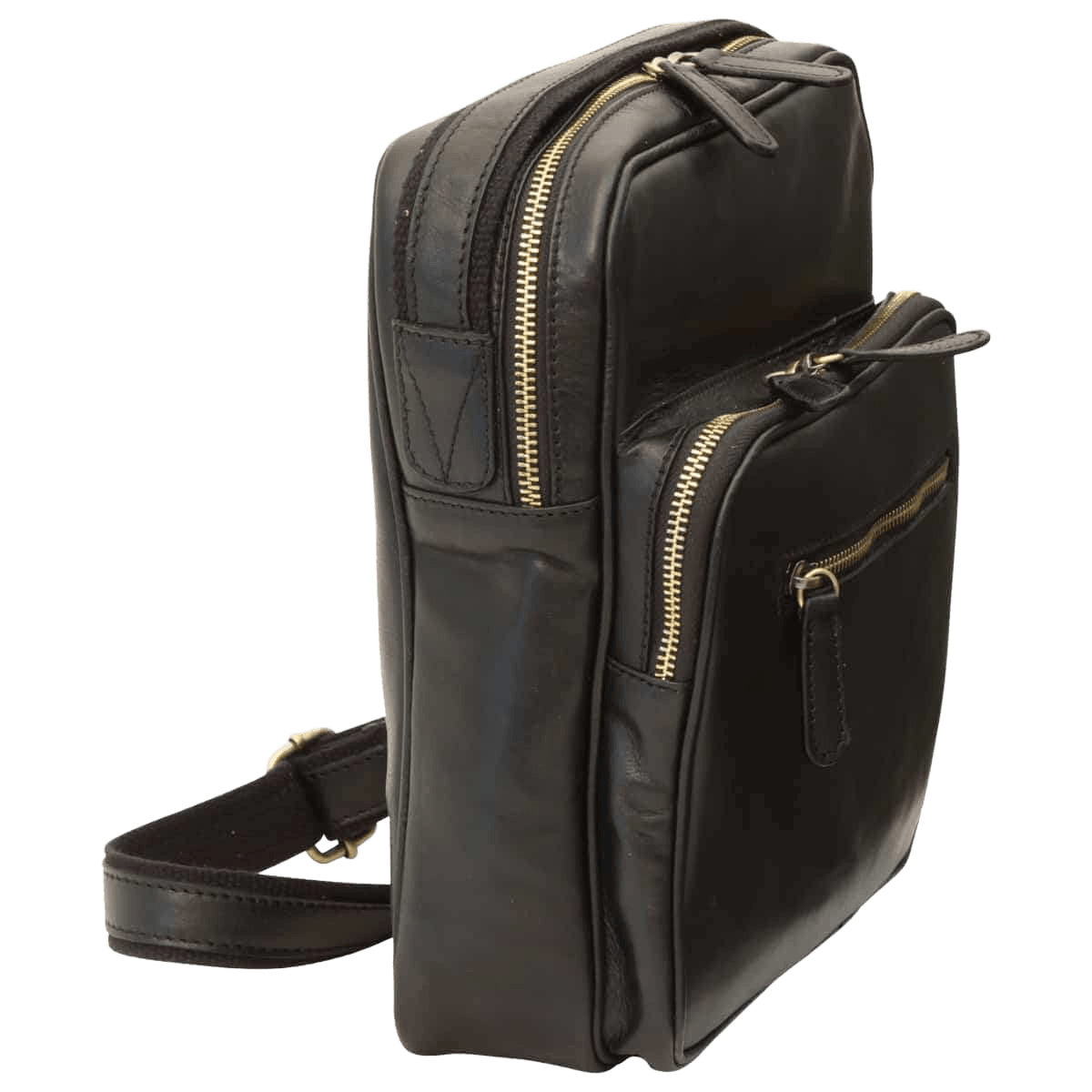 Borsa messenger in pelle nera vista laterale con zip e fibbia tracolla