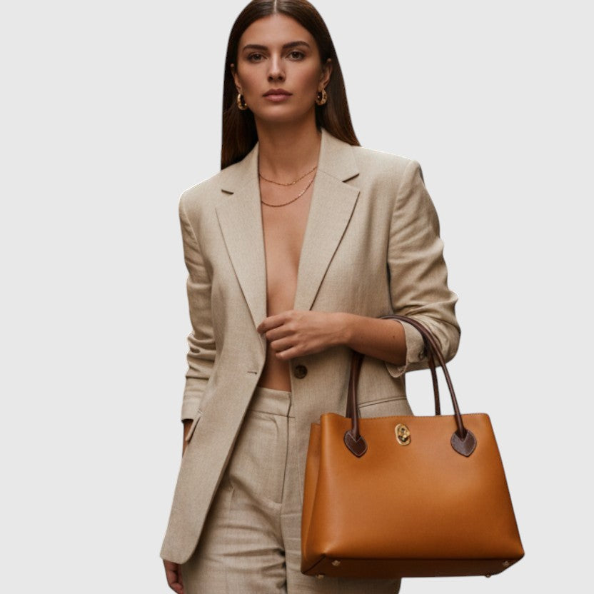 Borsa in pelle giallo ocra bicolore con due manici e dettagli marroni