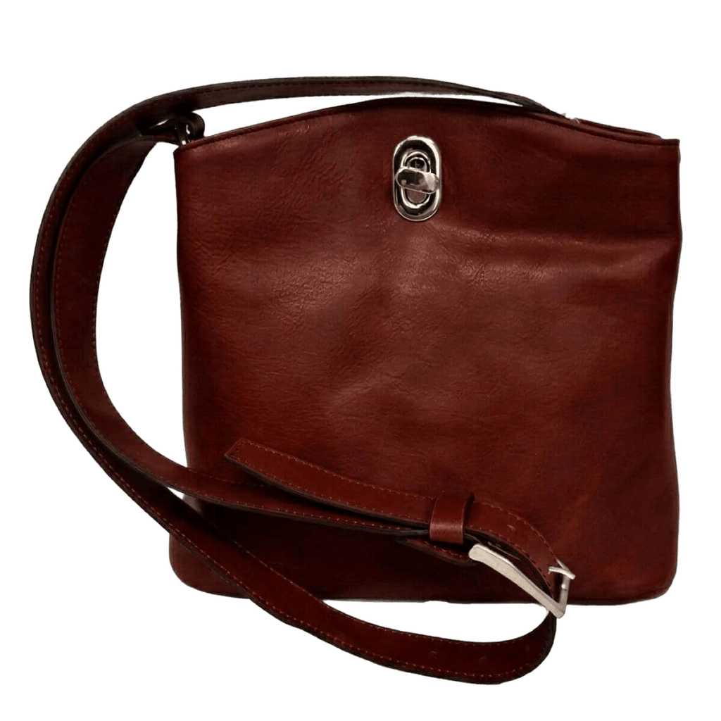 Borsa a secchiello in pelle mogano con manico, tracolla e chiusura frontale