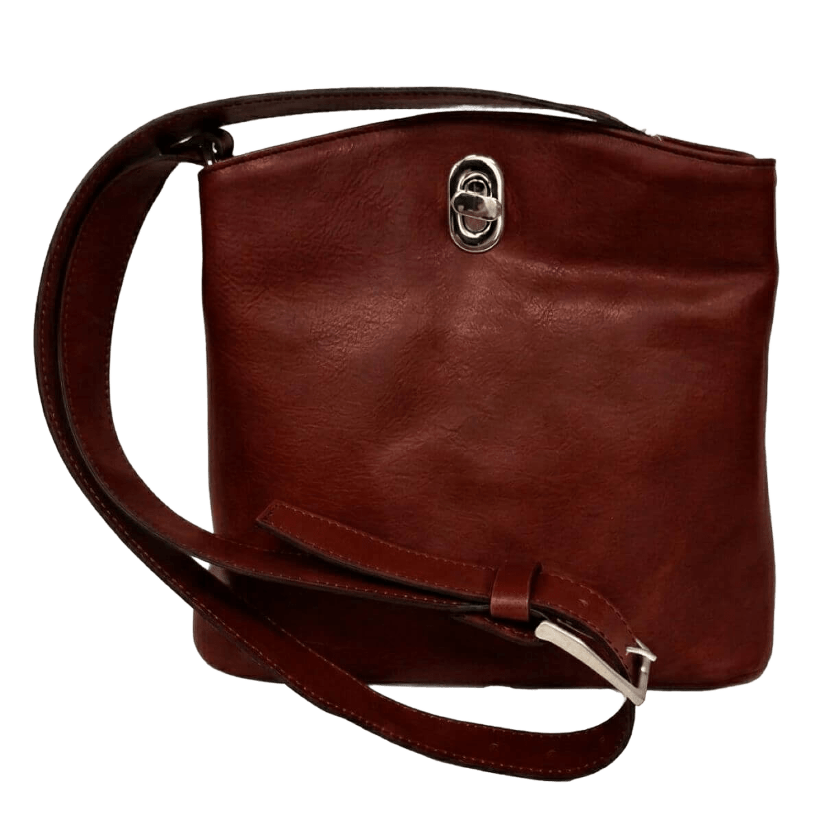Borsa a secchiello in pelle mogano con manico, tracolla e chiusura frontale
