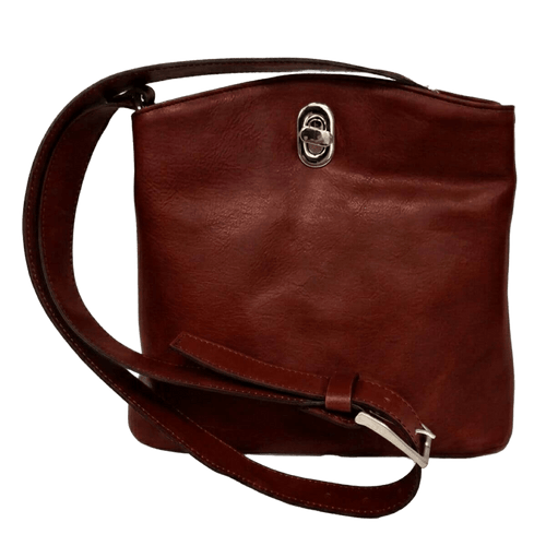 Borsa a secchiello in pelle mogano con manico, tracolla e chiusura frontale