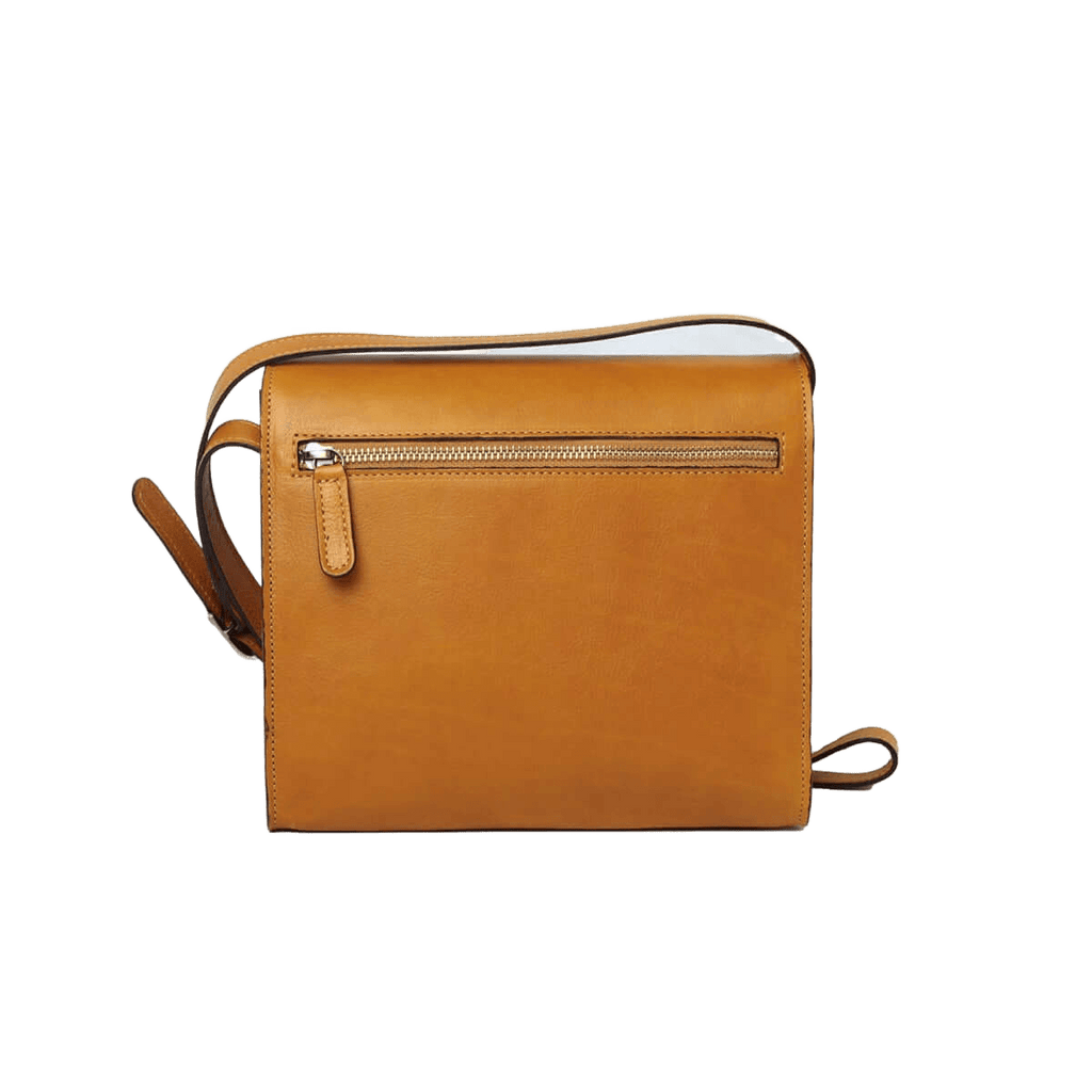 Borsa a tracolla in pelle ocra con zip frontale e tracolla in pelle