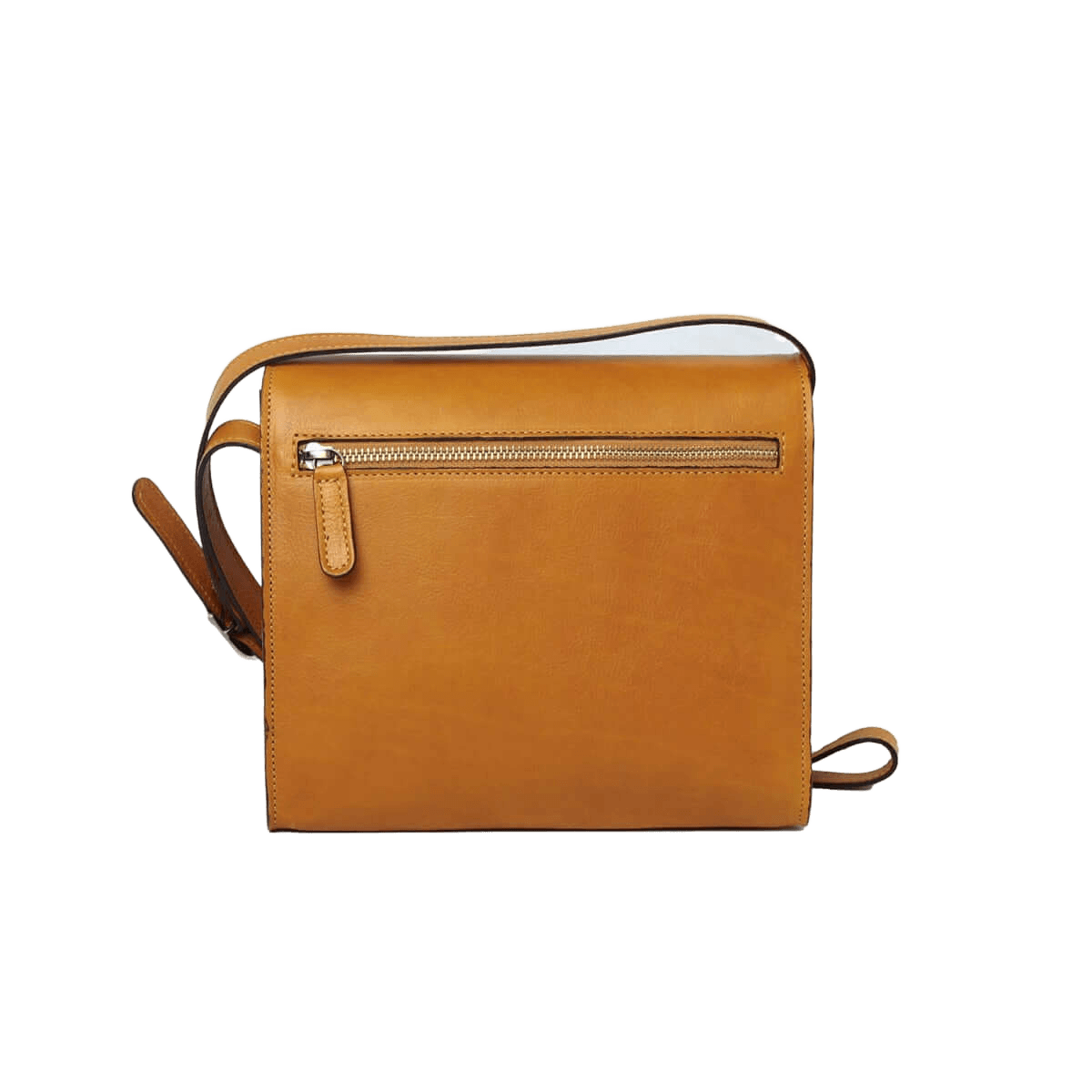 Borsa a tracolla in pelle ocra con zip frontale e tracolla in pelle