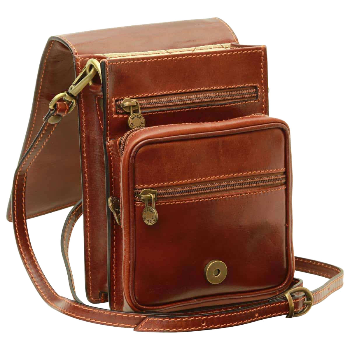 Borsello in pelle marrone con tracolla e tasche con zip, dettagli in ottone