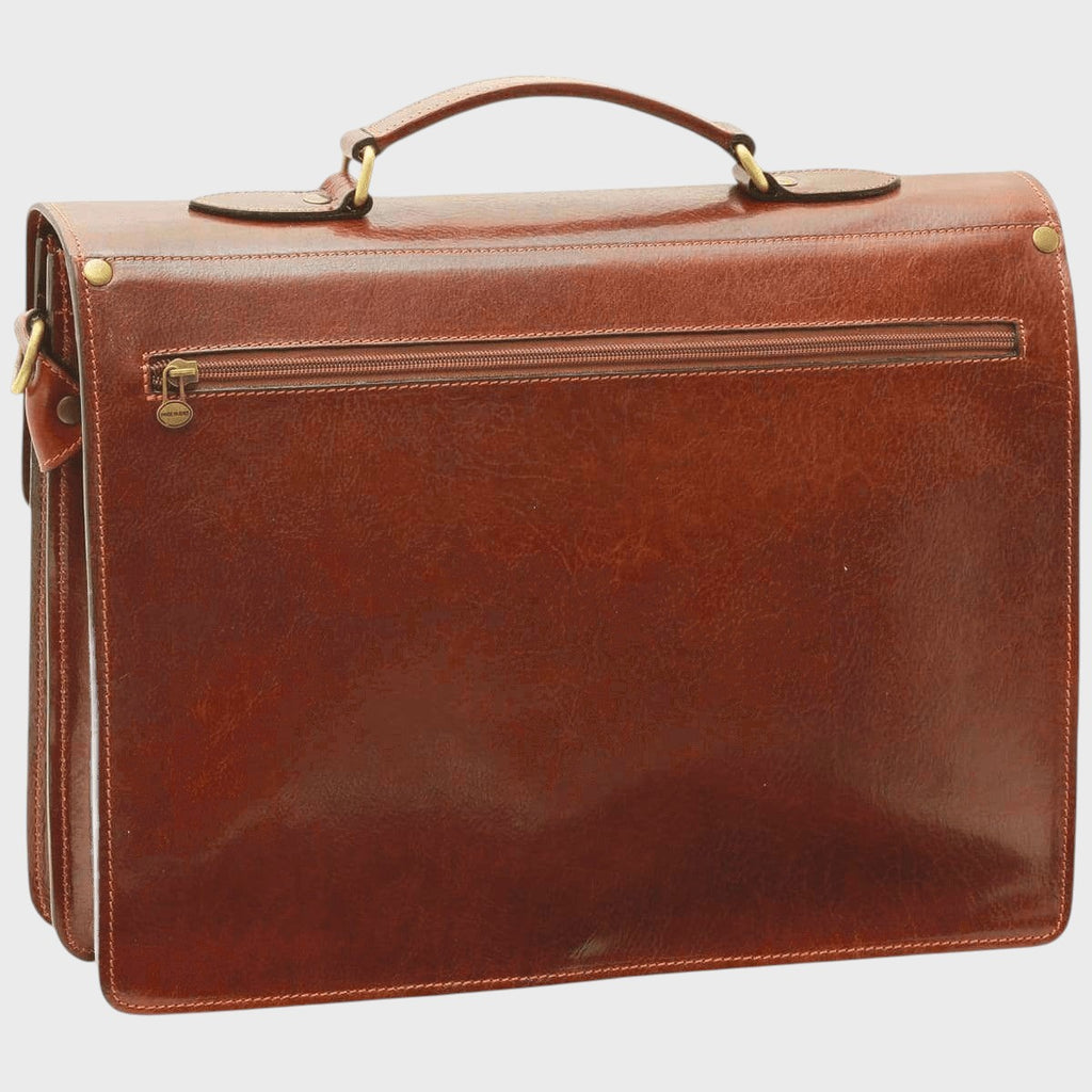Cartella porta laptop in pelle marrone con tasca frontale a zip e manico superiore