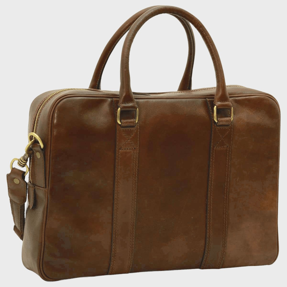 Cartella in pelle marrone scuro con due manici e zip, dettagli in metallo color oro