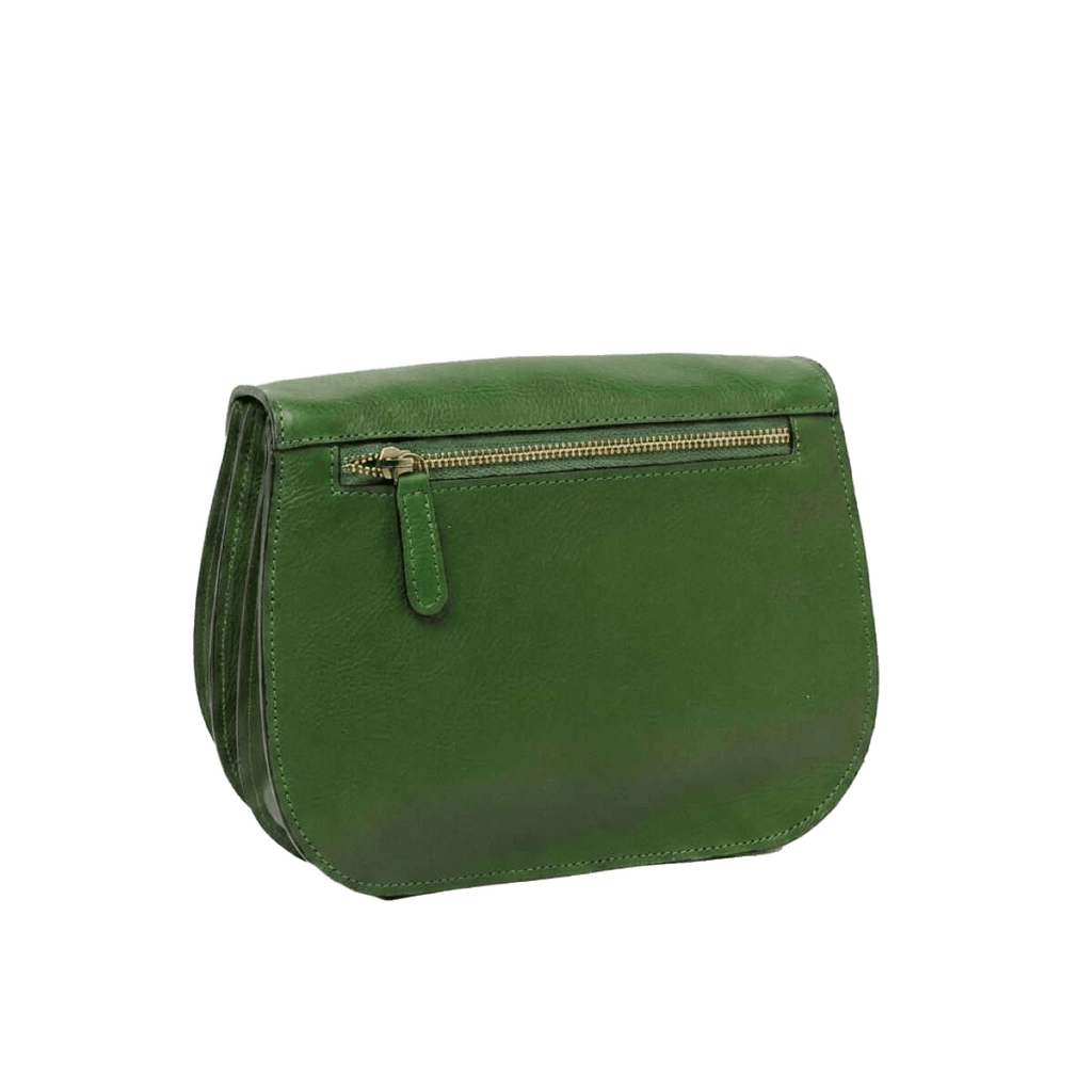 Borsa a tracolla verde in pelle con cerniera frontale e tracolla