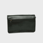 Pochette in pelle nera con tasca frontale e zip superiore, vista laterale