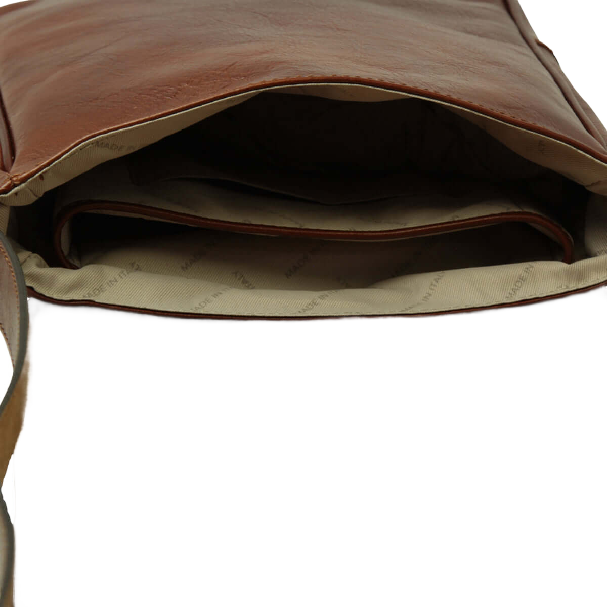 Borsa in pelle marrone per I-Pad aperta con fodera interna beige