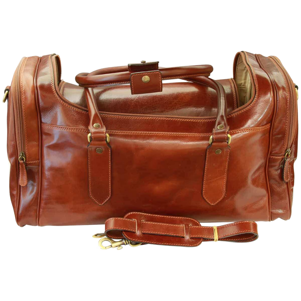 Borsa da viaggio in pelle pieno fiore marrone scuro con tracolla e manici doppi