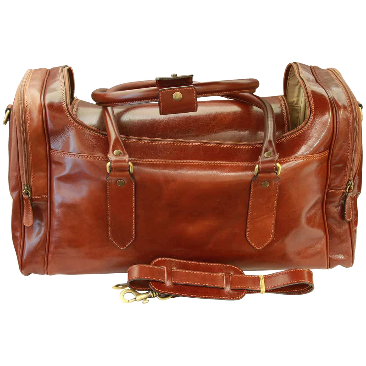 Borsa da viaggio in pelle pieno fiore marrone scuro con tracolla e manici doppi