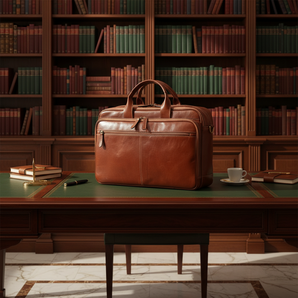 Borsa da laptop in pelle marrone con doppia maniglia e fibbie