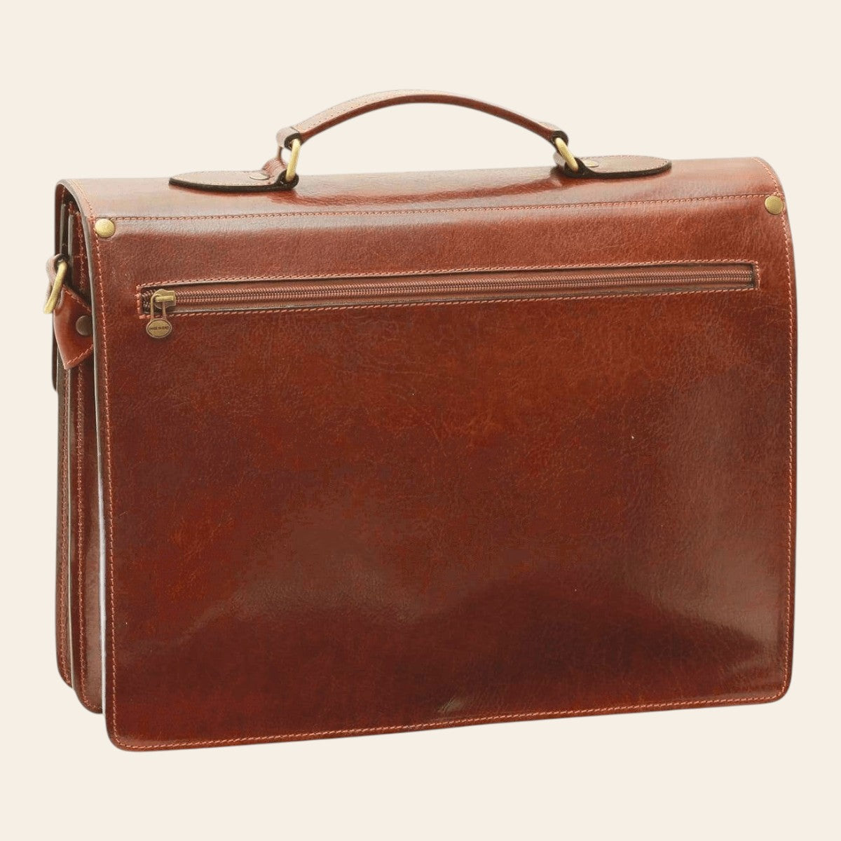 Cartella porta laptop in pelle marrone con tasca frontale a zip e manico superiore
