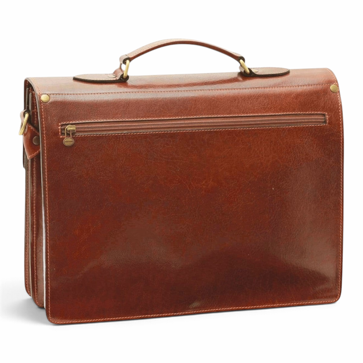 Vista posteriore della cartella porta laptop in pelle marrone con tasca con cerniera