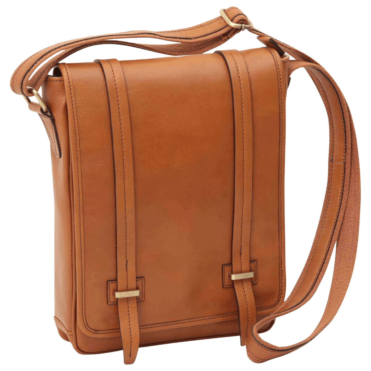 Borsa messenger marrone in pelle con patta e chiusura magnetica, tracolla