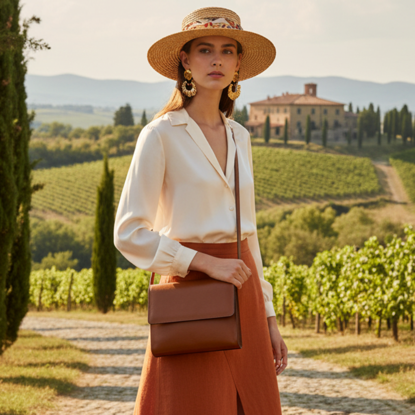 Borsa a tracolla in vitello pieno fiore Teak indossata al centro con fascia corta