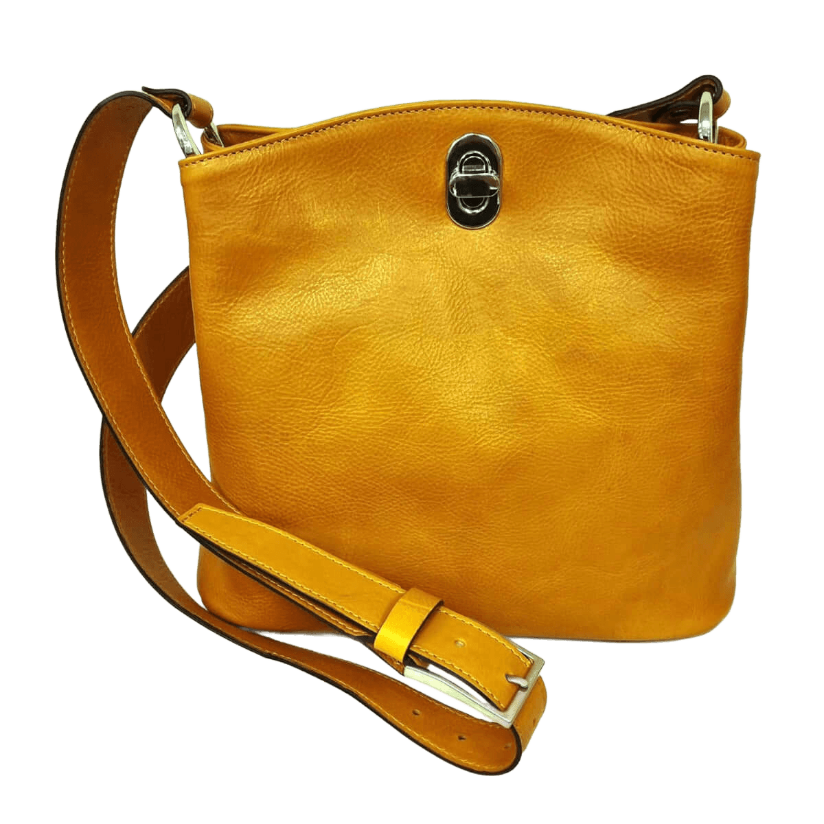 Borsa a secchiello in pelle pieno fiore ocra con tracolla e fibbia, dettaglio frontale