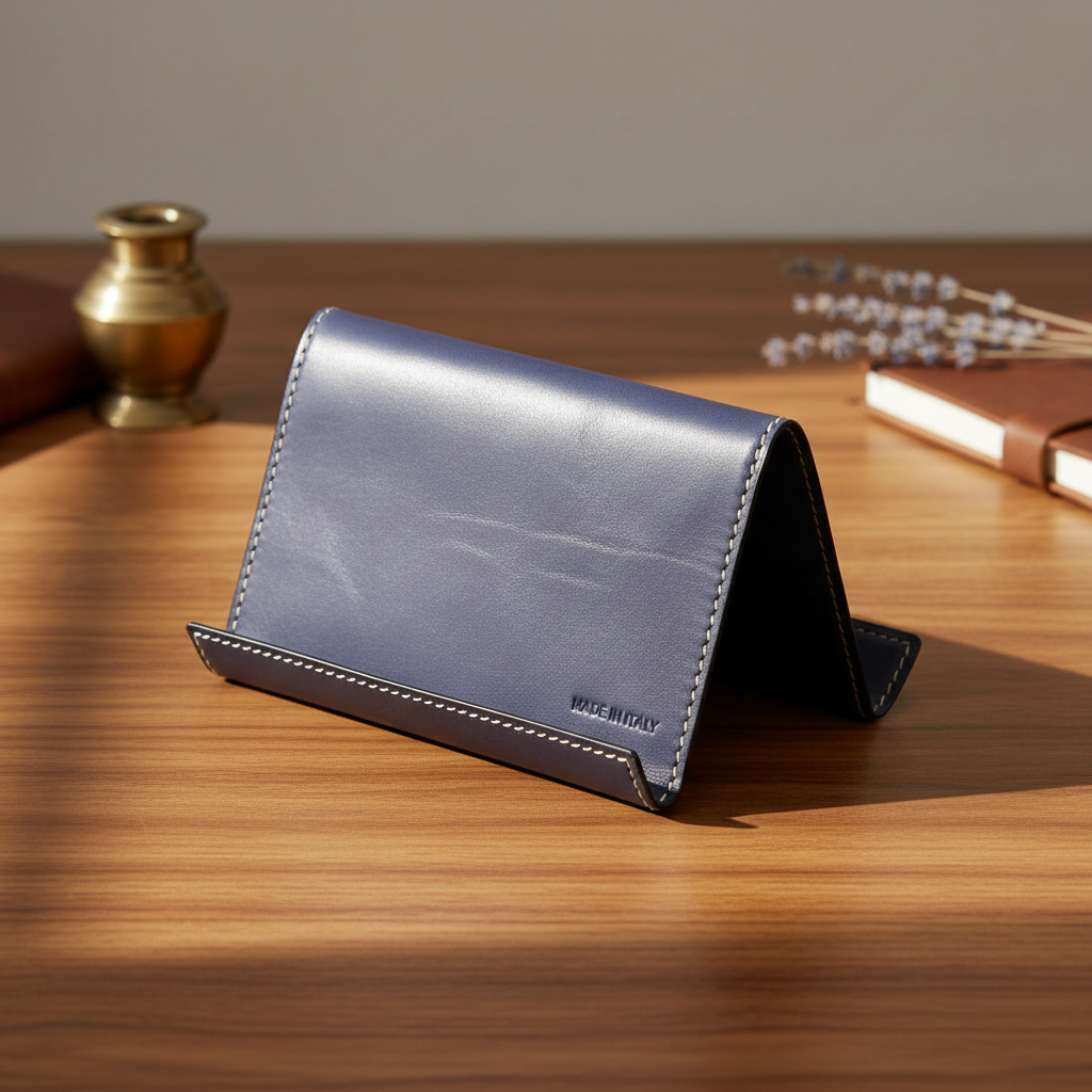 Supporto per iPad e iPhone in pelle blu cobalto con cuciture a contrasto