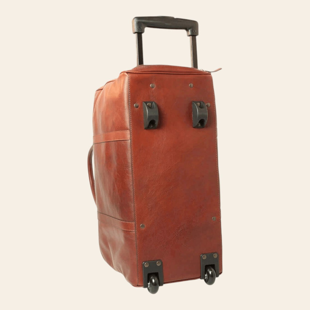 Borsone da viaggio in pelle marrone mogano con maniglia trolley e ruote