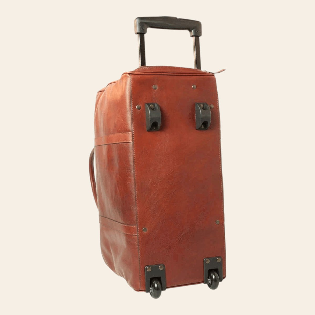 Borsone da viaggio in pelle marrone mogano con maniglia trolley e ruote