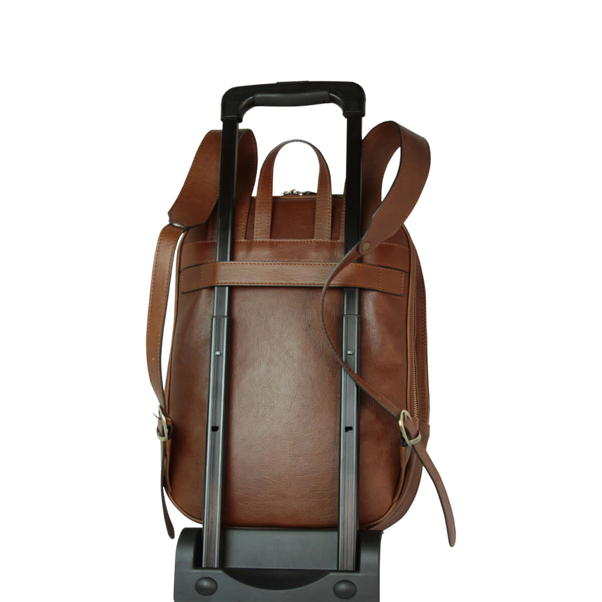 Zaino per laptop castagna con fascia per trolley e manici posteriori imbottiti.