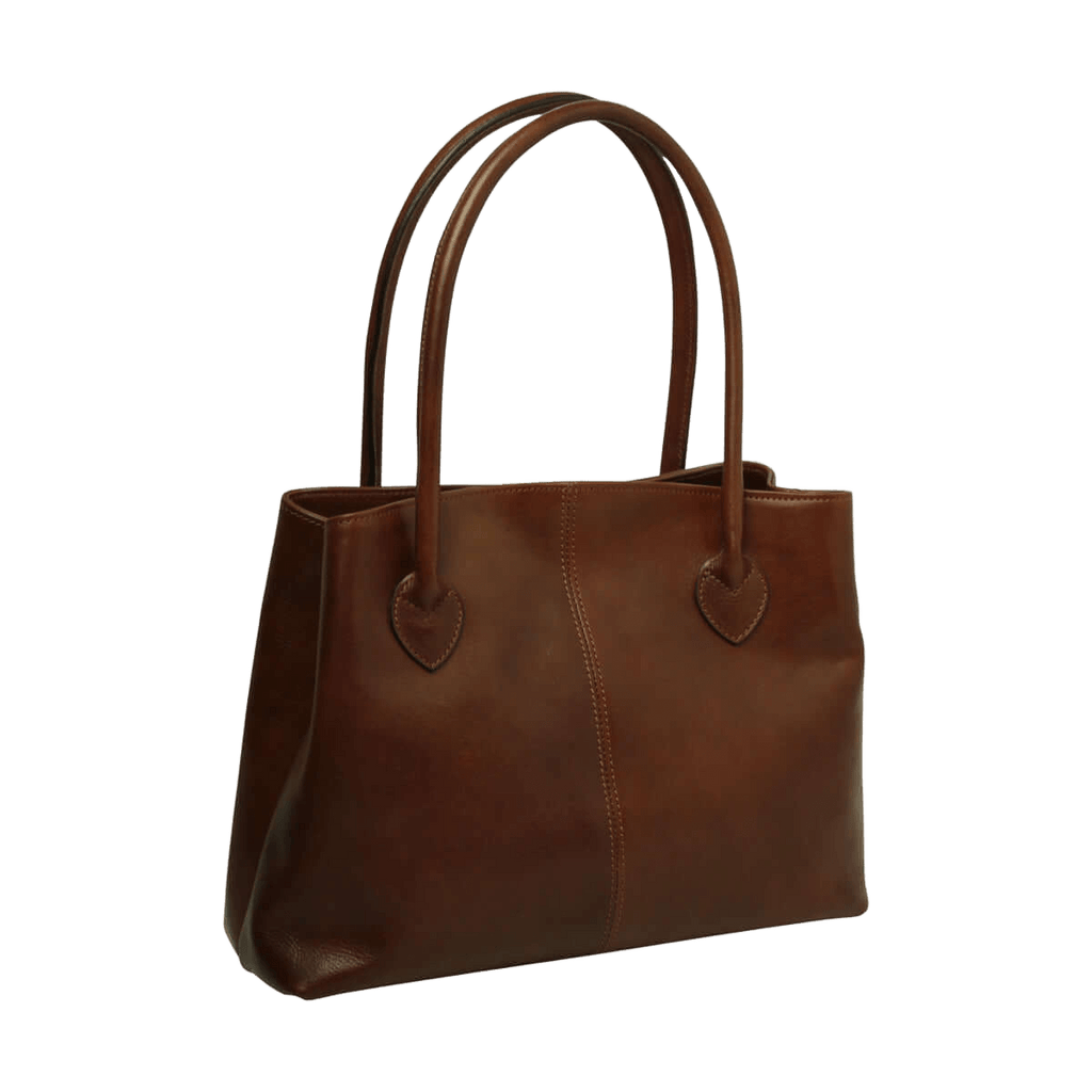 Borsa shopping in pelle marrone con due manici e dettagli a cuore sui lati