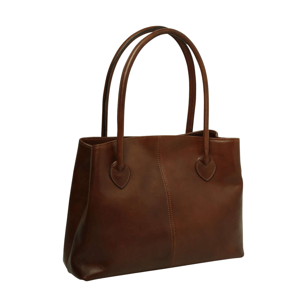 Borsa shopping in pelle marrone con due manici e dettagli a cuore sui lati