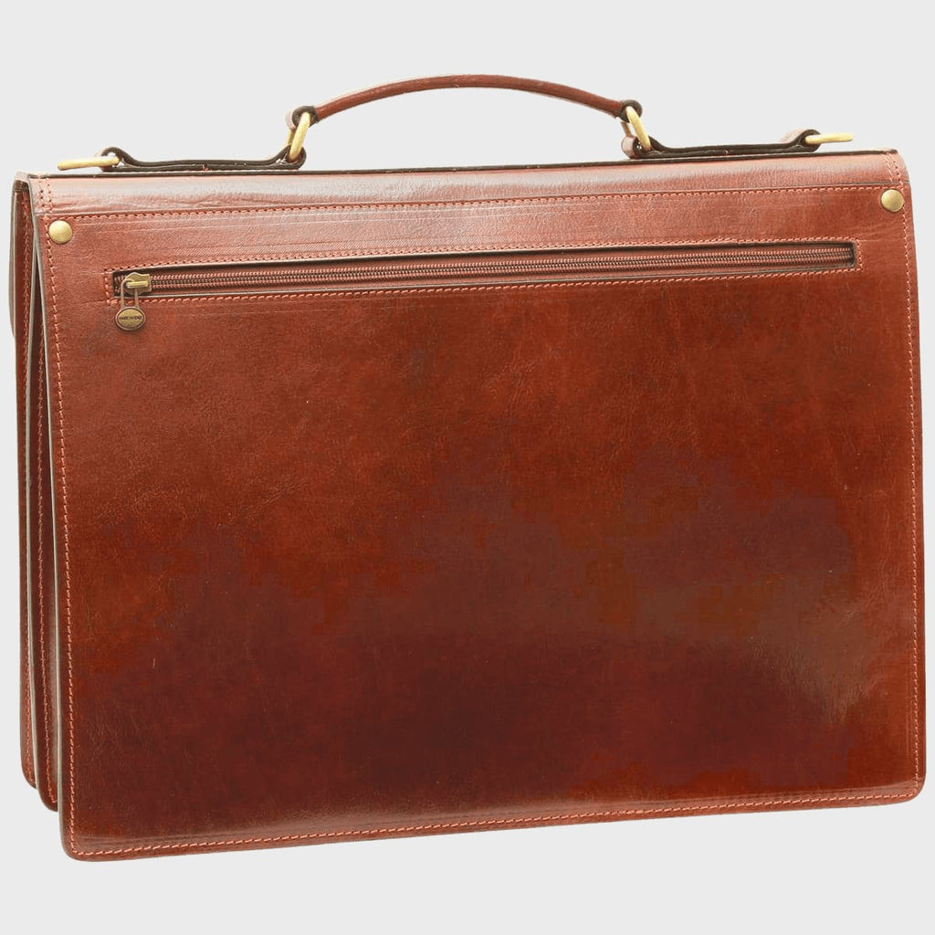Cartella in pelle marrone con zip anteriore, manici e occhielli in ottone
