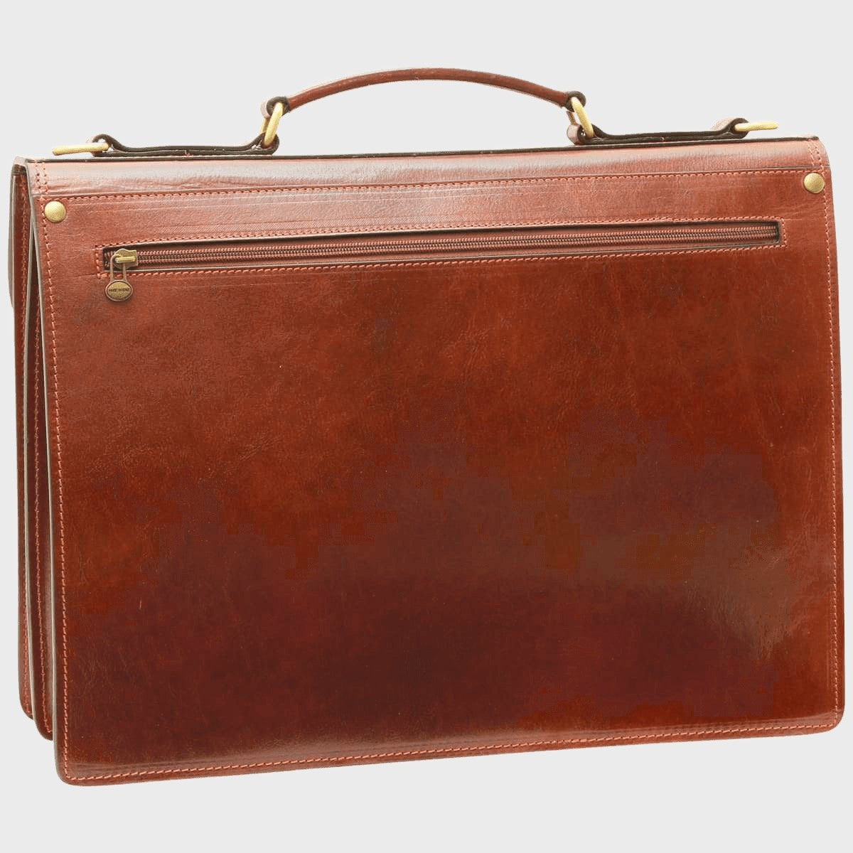 Cartella in pelle marrone con zip anteriore, manici e occhielli in ottone