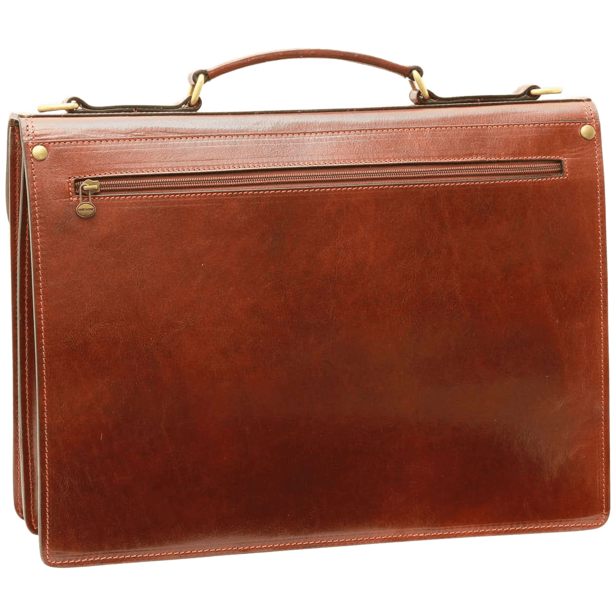Borsa in pelle marrone con tracolla, pannello frontale e zip superiore.