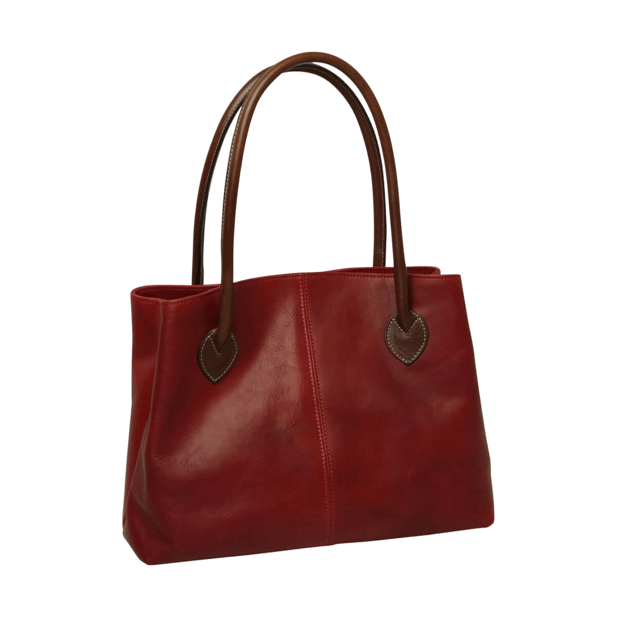 Borsa da donna in pelle bicolore rossa con manici marroni e base sagomata