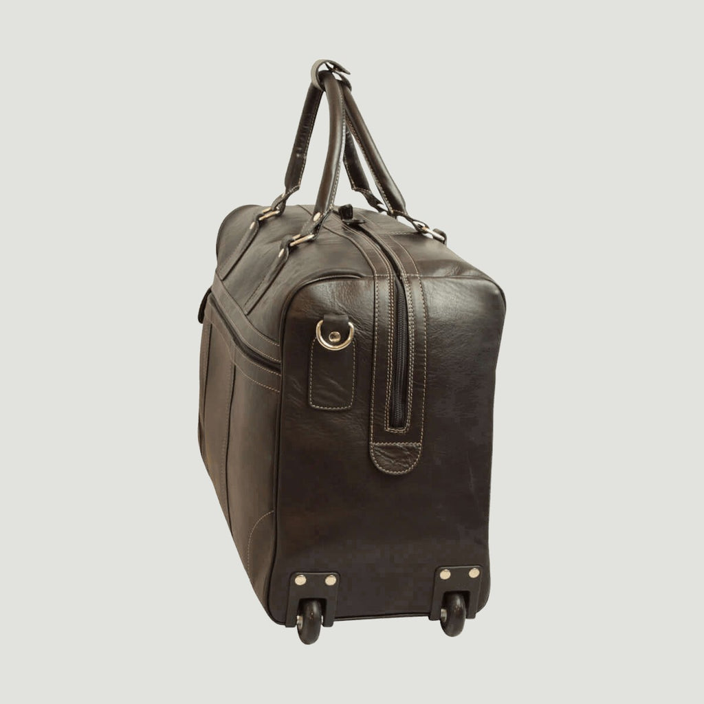 Borsone da viaggio in pelle marrone scuro con ruote e manico trolley retrattile