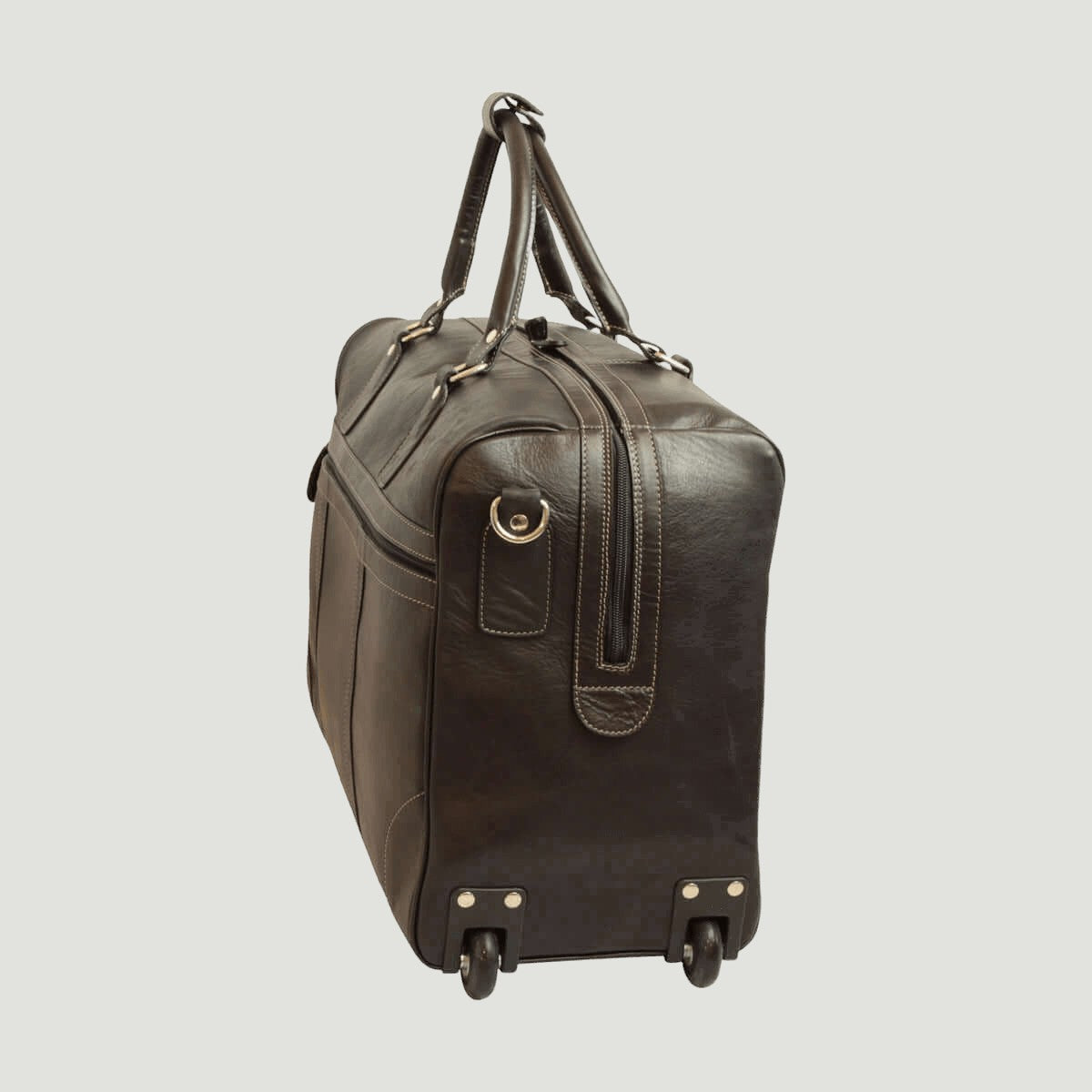 Borsone da viaggio in pelle marrone scuro con ruote e manico trolley retrattile