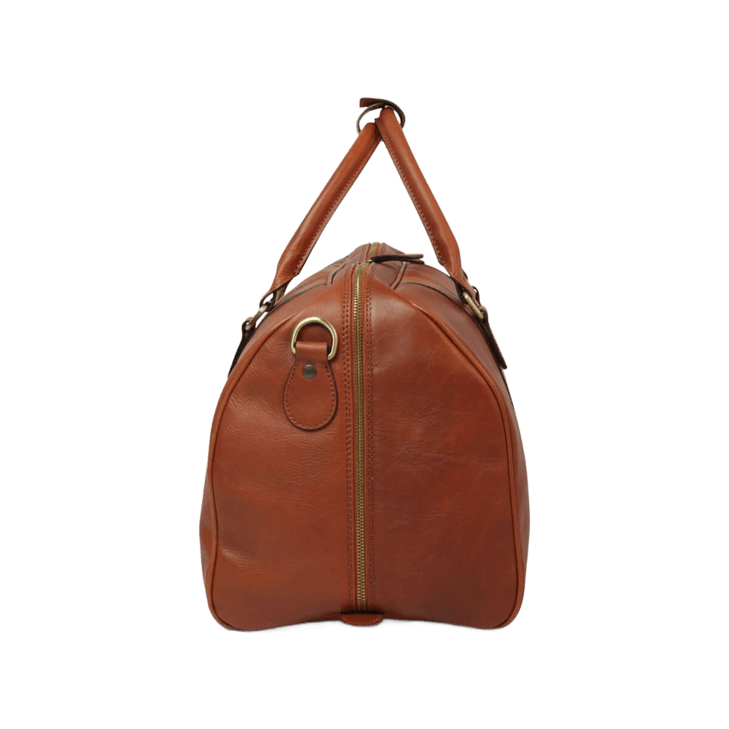 Borsa da viaggio in pelle pieno fiore cuoio, laterale con maniglia ad anello e zip.