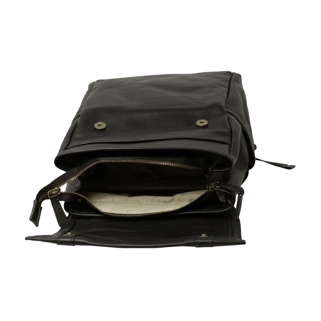 Zaino in pelle nero per laptop con tasca superiore a patta e cerniera