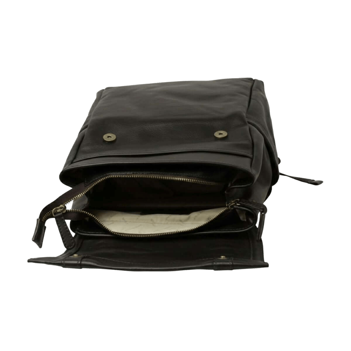 Zaino in pelle nero per laptop con tasca superiore a patta e cerniera