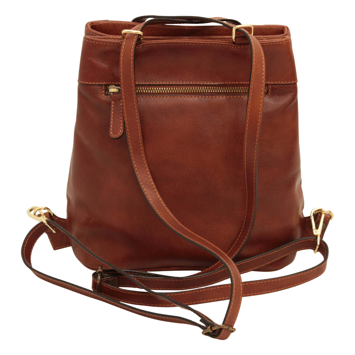 Zaino in pelle marrone con tracolla e moschettoni in metallo