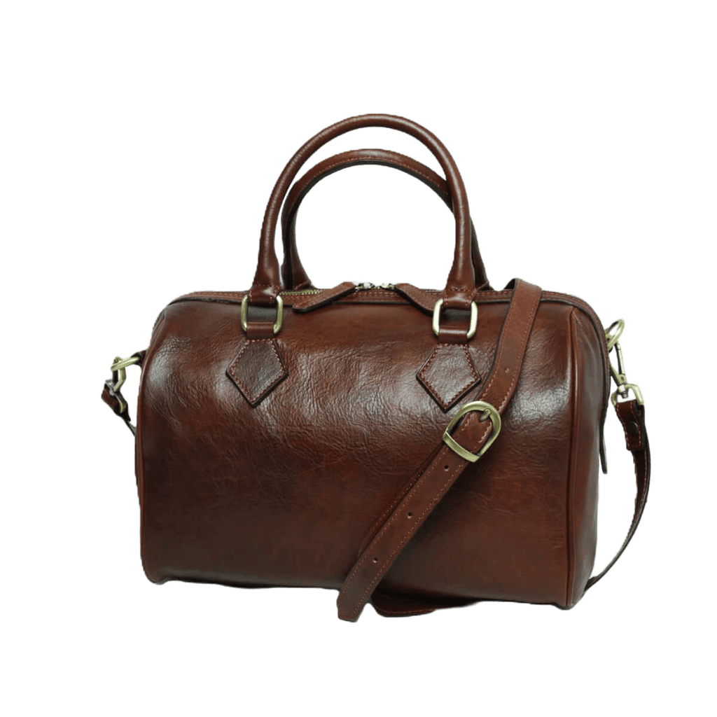 Bauletto in pelle marrone con due manici, tracolla e accessori in metallo