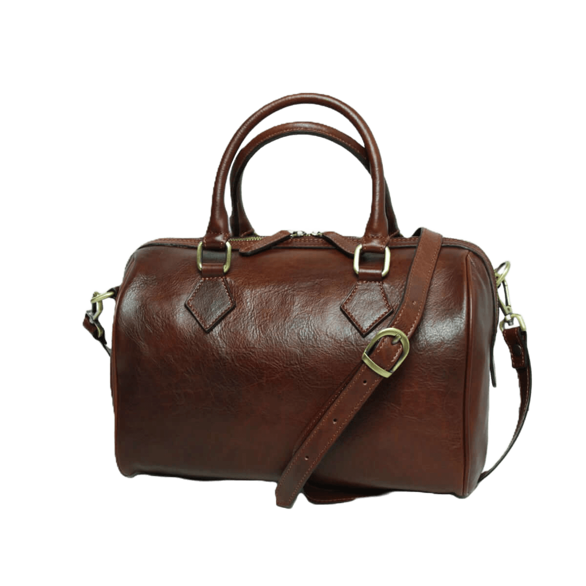 Bauletto in pelle marrone con due manici, tracolla e accessori in metallo
