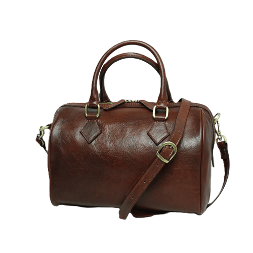 Bauletto in pelle marrone con due manici, tracolla e accessori in metallo
