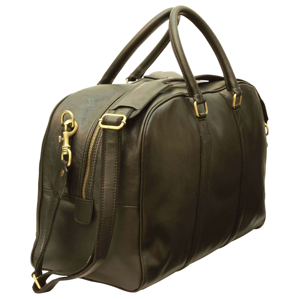 Borsone da viaggio in pelle scura Old Angler con zip e tracolla regolabile