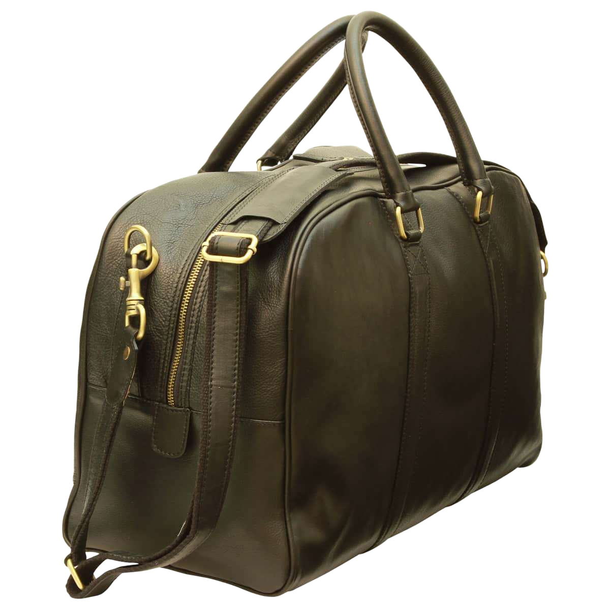 Borsone da viaggio in pelle scura Old Angler con zip e tracolla regolabile