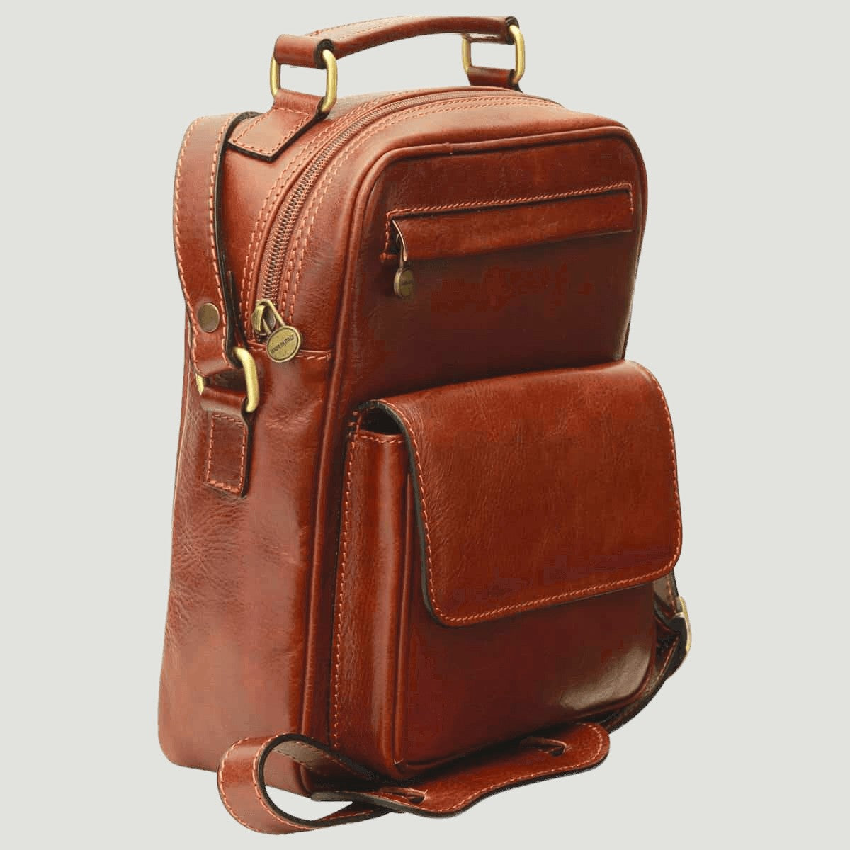 Borsa a tracolla in pelle marrone con zip e tasca frontale