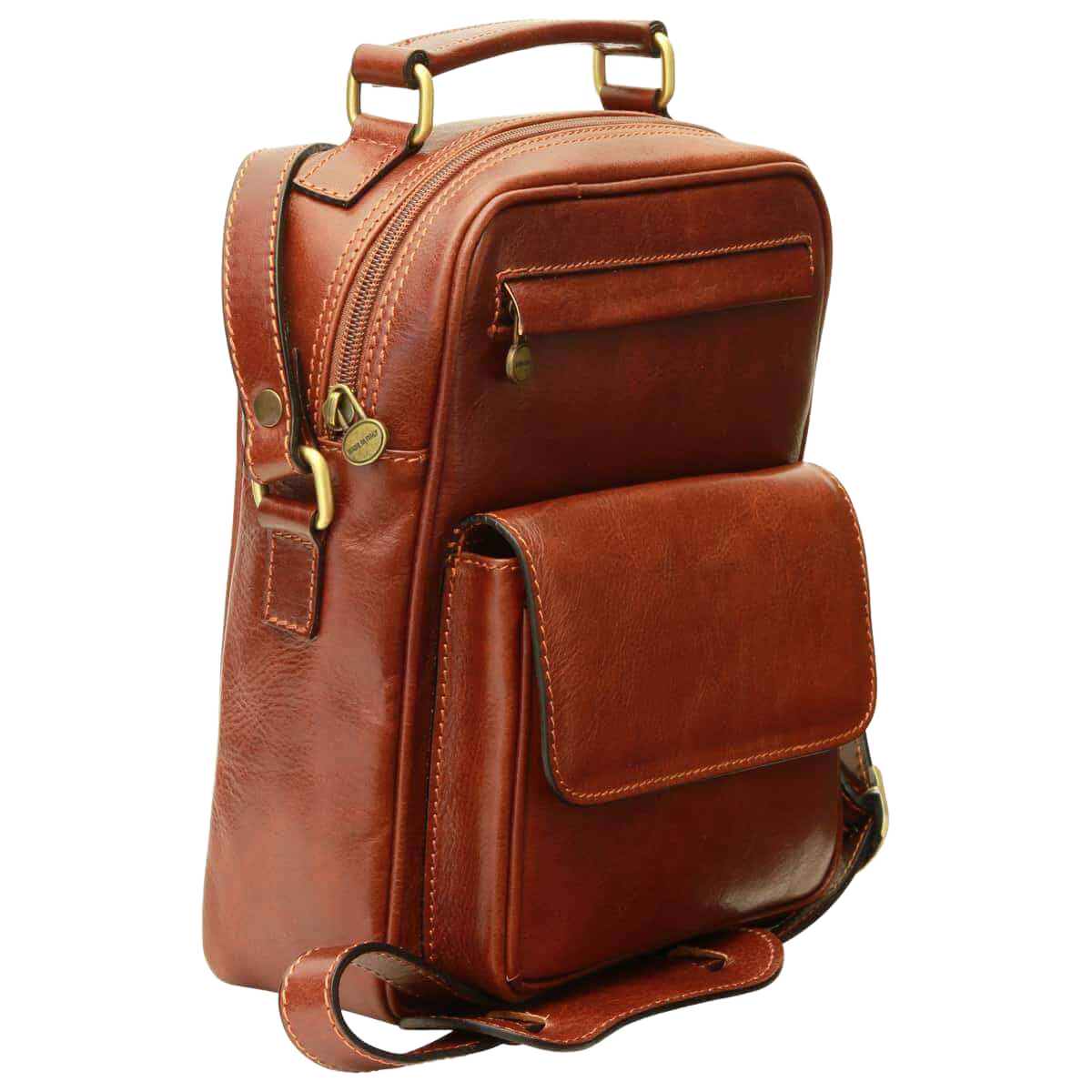 Borsa a tracolla marrone con zip laterale, tasca frontale con patta e tracolla
