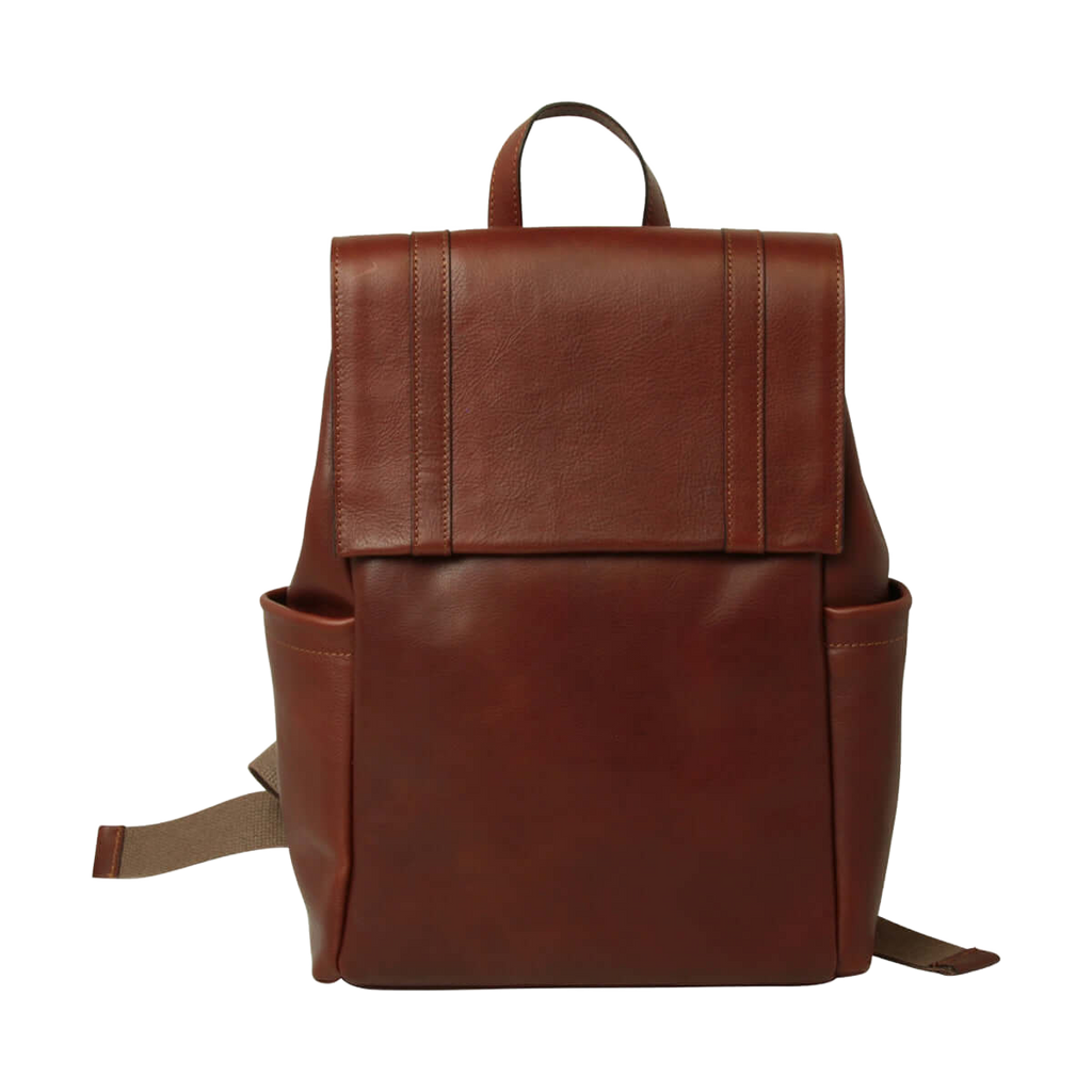 Zaino in pelle per laptop marrone mogano con fascia trolley e tasca frontale