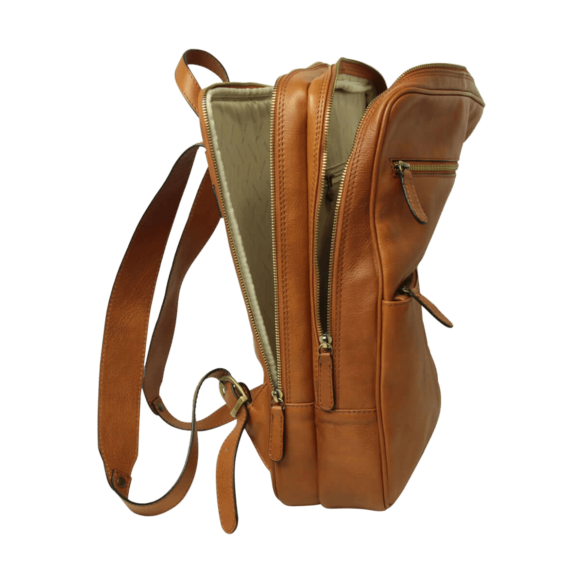 Zaino in pelle marrone con tasca laterale e tracolla regolabile, zip verticali.