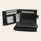 Portafoglio bifold in pelle nera con fessure per carte e tasca frontale