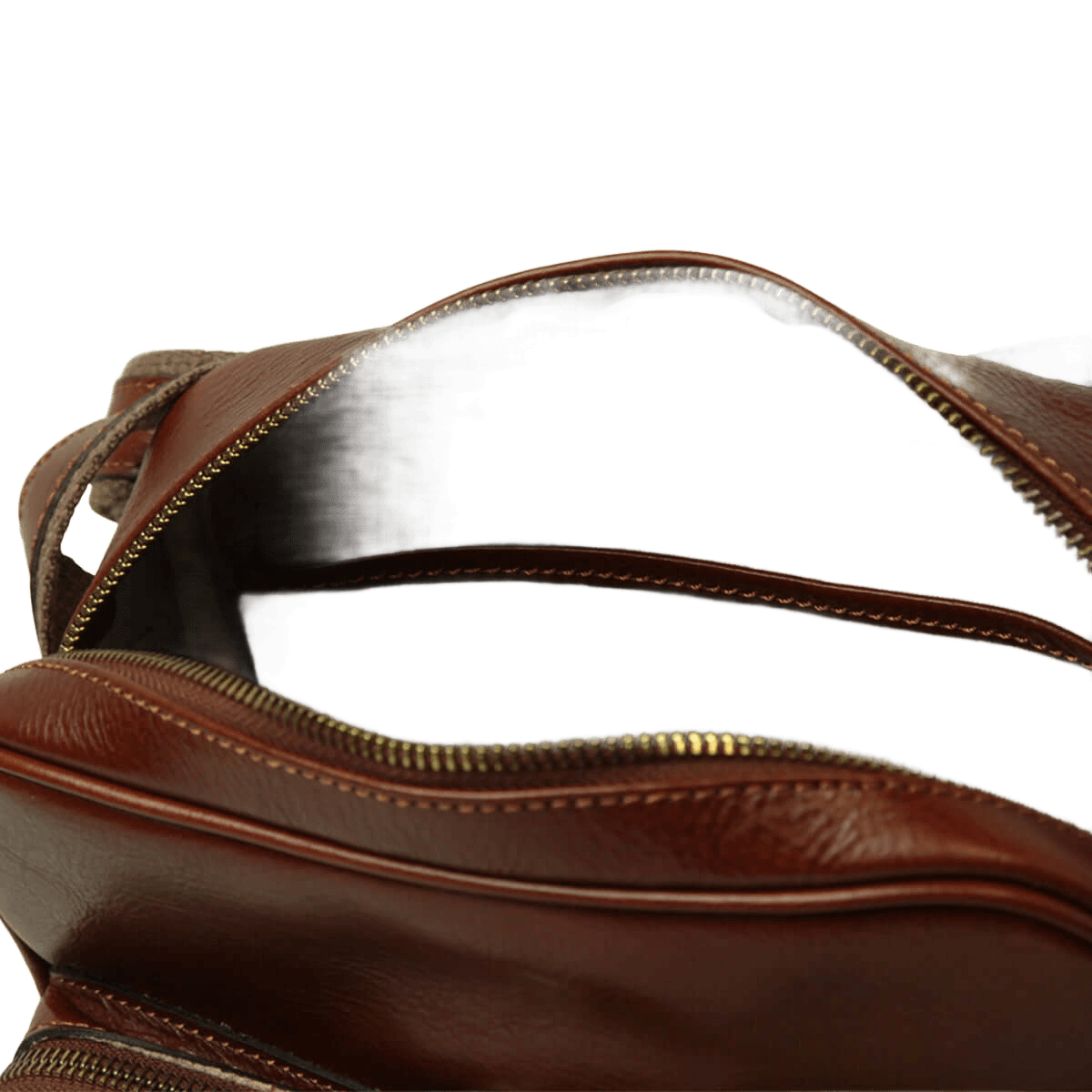 Borsa messenger in pelle marrone dettaglio interno e bordo con zip